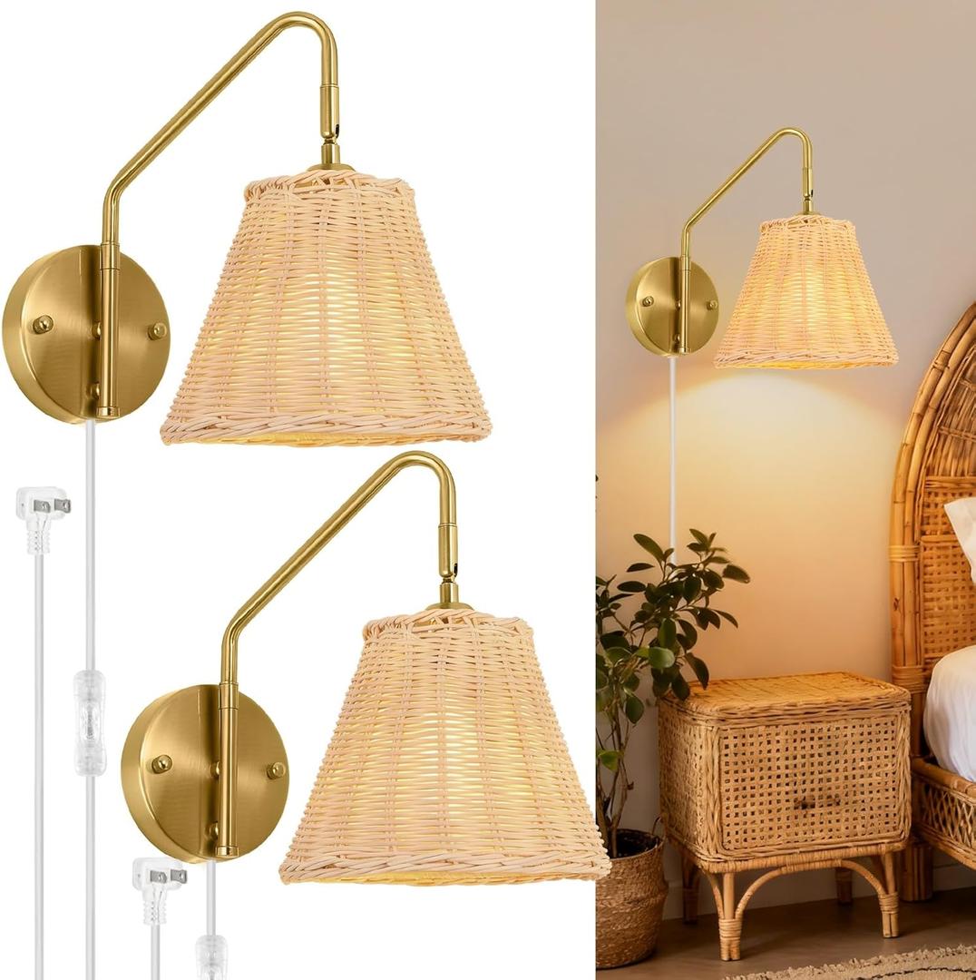 Rattan Plug in Wall Sconces Set of 2, Boho Swing Arm Plug in Sconce, Hand Woven Wicker Wall Lamps for Bedroom, Gold Wall Sconces with UL Certified Cord, Wrapped Rattan Sconce for Living Room