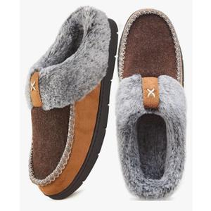 Men's Slip On Moccasin Slippers Memory Foam Fuzzy Slippers for Men Wool-Like Plush Fleece Lined Bedroom House Shoes for Indoor/Outdoor Anti-Skid Rubber Sole Home, Mens 9-10