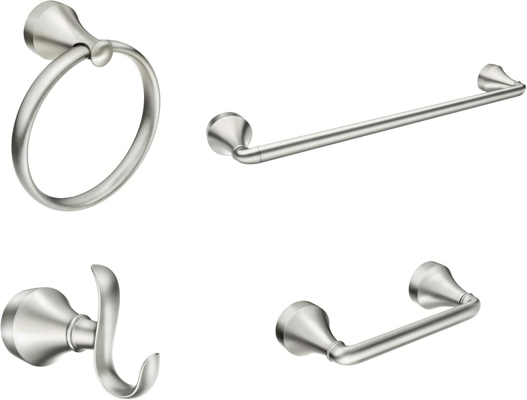 Moen Wellton Brushed Nickel 4-Piece Bathroom Accessory Collection, Includes Towel Ring, Robe Hook, Towel Bar, and Pivoting Toilet Paper Holder, Y1394BN
