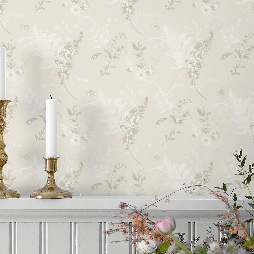 Heroad 17.3inx32.8ft Beige Wallpaper Floral Peel and Stick Wallpaper Delicate Flower Contact Paper for Cabinets Drawers Waterproof Removable Wall Paper Self Adhesive Stick on Walls Decor Vinyl Roll