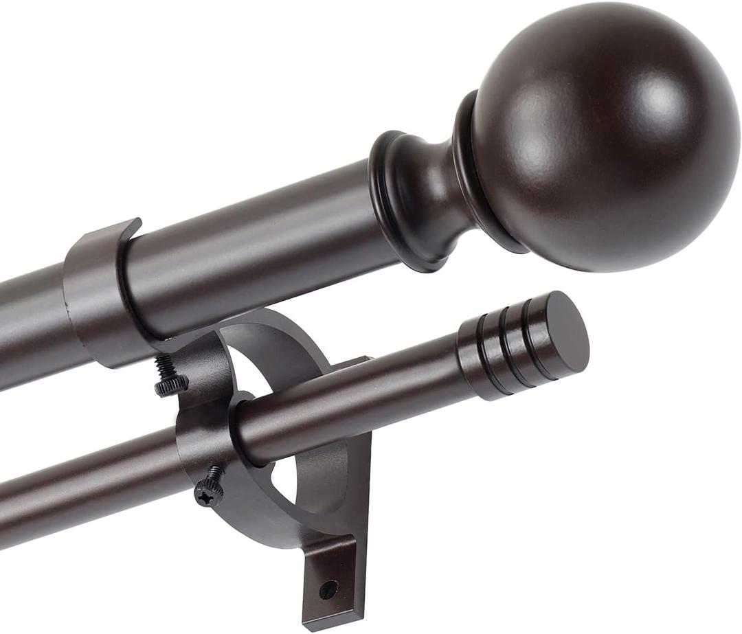 Kemmie 1" Classic Window Curtain Rod with Round & Barrel Finials Simple Double Telescoping Drapery Rod, 72-144", Bronze