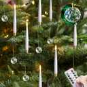 Pack of 12 Flickering Remote 0.5" x6" LED Short Taper Candles with 12 Crystal Ball Hooks, Battery Operated Timer Window White Plastic Flameless Warm Light Candlesticks for Holiday Decor