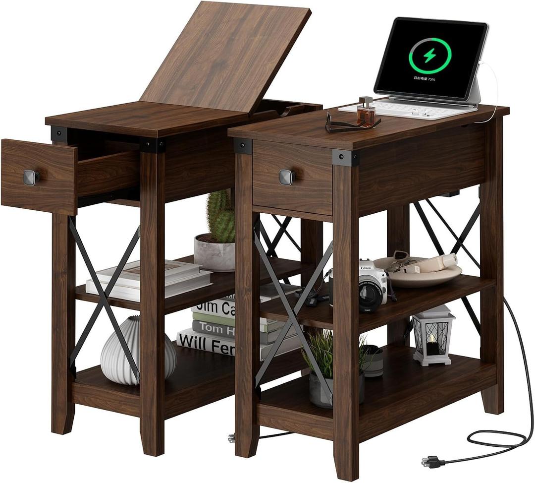 Narrow End Table with Charging Station - Farmhouse Slim Side Table Set of 2, w/USB Ports Power Outlets, Nightstand w/Flip Top Storage Drawer, for Small Spaces Living Room Bedroom, Walnut
