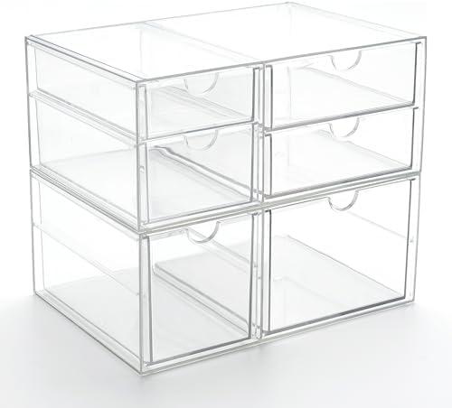 Prsildan Acrylic Drawer Makeup Organizer with 6 Drawers, Set of 2 Office Desk Organizers Accessories, Clear Stackable Storage Drawers for Vanity, Countertop, Craft, Jewelry (Largest Drawer 4.2" Tall)