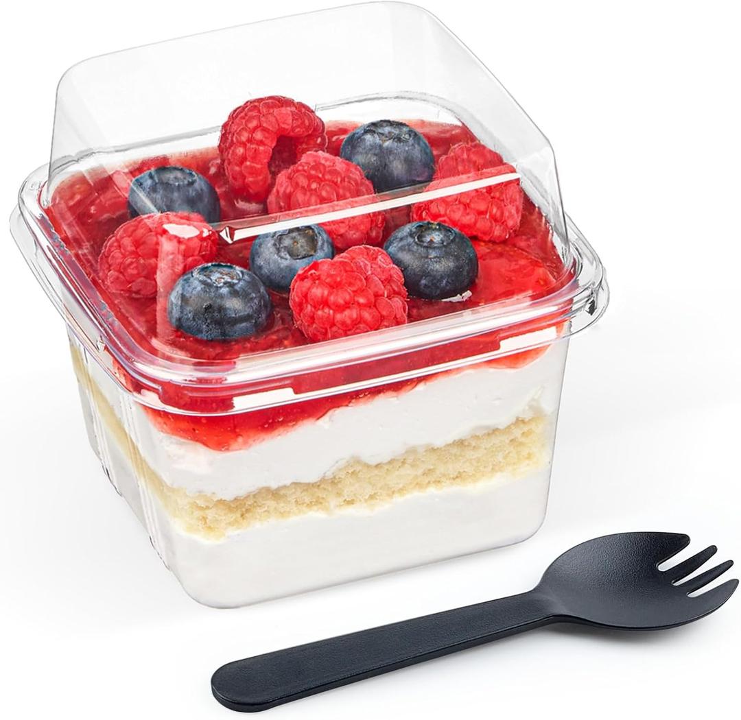 Zezzxu 8 oz Dessert Cups with Lids and Spoons, 50 Sets, Square Plastic Dessert To-Go Containers with Dome Lids & Sporks for Yogurt Parfait, Fruit, Pudding, Cake, Mousse, Tiramisu