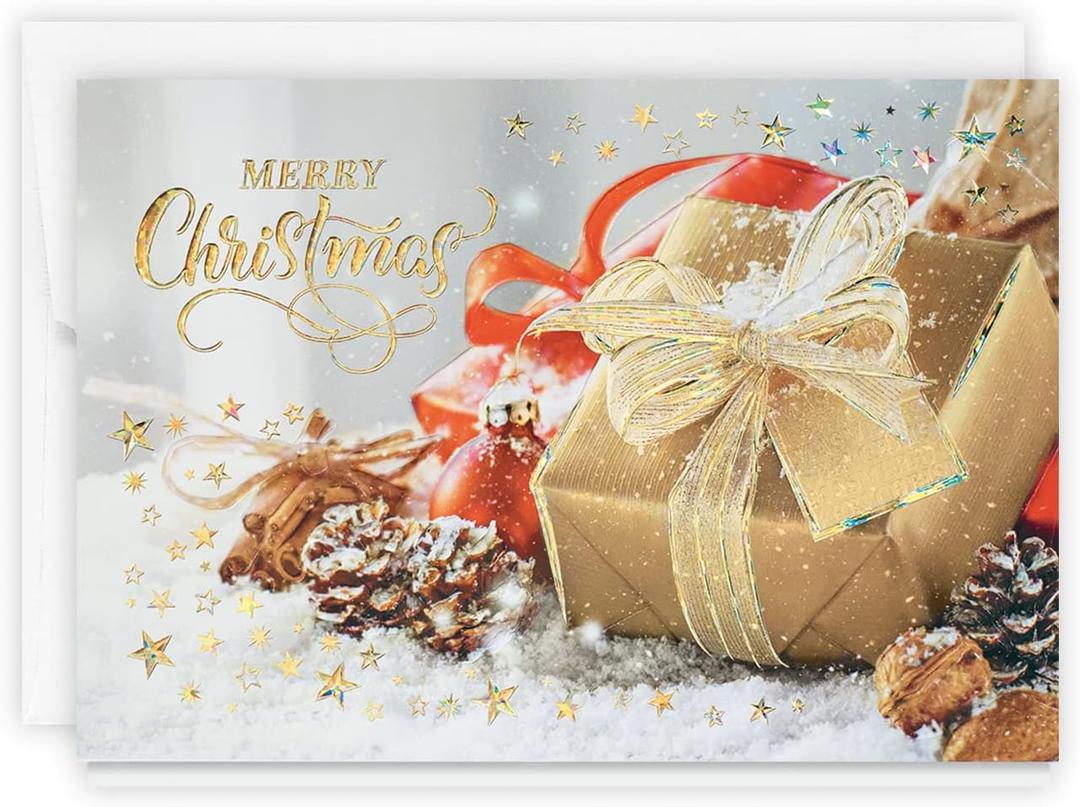 The Gallery Collection, 25 Count Card Pack, Christmas Cards with Foil Lined Envelopes (Snow Dusted Presents), For Business or Consumer