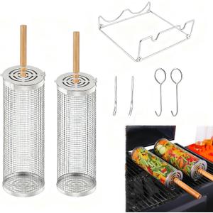 Rolling Grill Basket Set 2 Pack, 304 Stainless Steel Rotating Cage (3.9inch Dia & 3.5inch Dia) with Removable Wood Handle, Includes Wave Holder & Hanging Hooks, BBQ Net for Vegetables Shrimp Smoker Camping