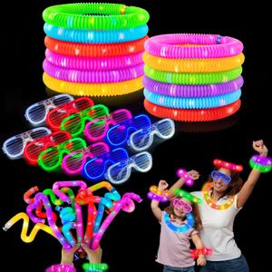Glow in the Dark Party Favor Supplies for Kids 24 PCS, Valentines Glow Sticks & Neon Glasses for Toddler, LED Light Up Toy Bracelet Necklace Accessories Decor for Mardi Gras Camping Birthday Wedding