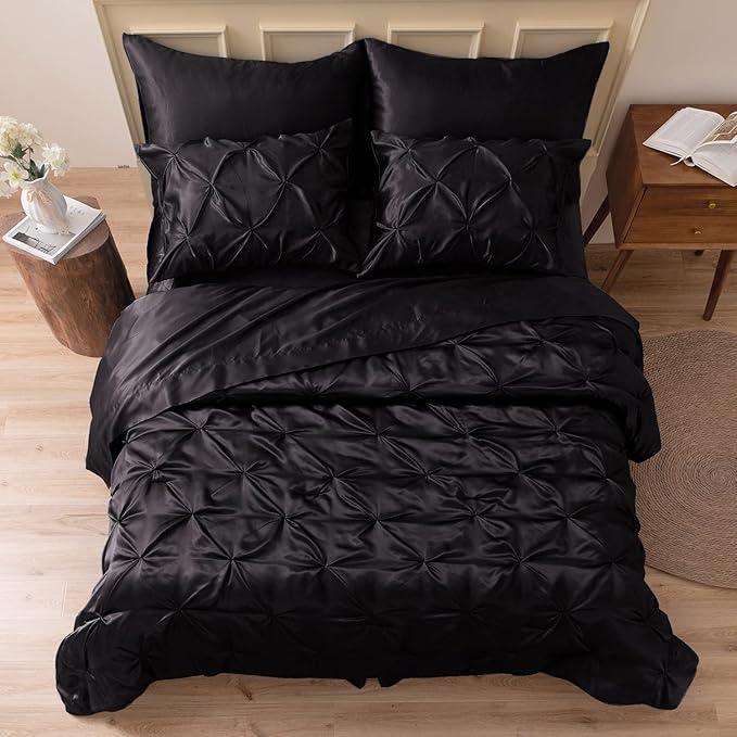 MR&HM Satin Comforter Full 7 Pieces  Luxurious Pinch Pleat Bedding Set with Comforter, Flat Sheet, Fitted Sheet, Pillowcases & Shams, Super Silky Soft Bed Set for All Season (Full, Black)