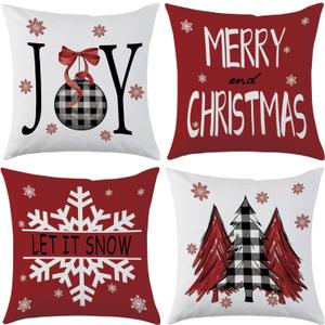 Merry Christmas Red Throw Pillow Covers 20 x 20 Inch Set of 4 Christmas Joy Xmas Trees Winter Holiday Cushion Case for Sofa Couch