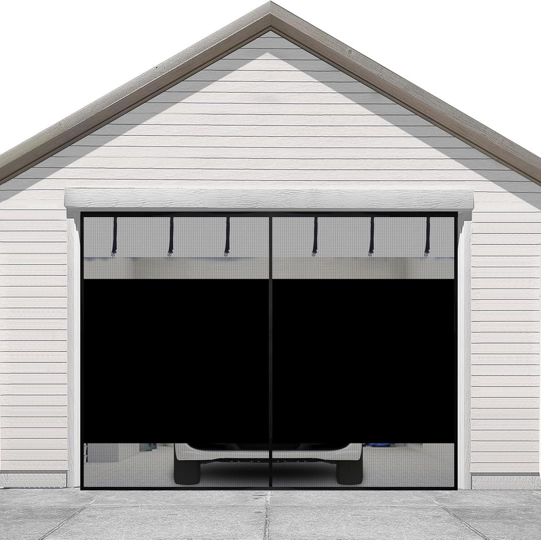 Sunolga 10x8 Ft Privacy Garage Door Screen for 1-Car Garage, Heavy Duty Magnetic Screen Door with Strong Magnets and Strapping Tapes, Hands-Free Mesh for Patio and Porch, Black