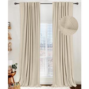 100% Blackout Shield Linen Blackout Curtains for Bedroom 108 Inches Long, Back Tab/Rod Pocket Living Room Drapes, Thermal Insulated Blackout Curtains 2 Panels Set, 50" W x 108" L, NaturalFlax