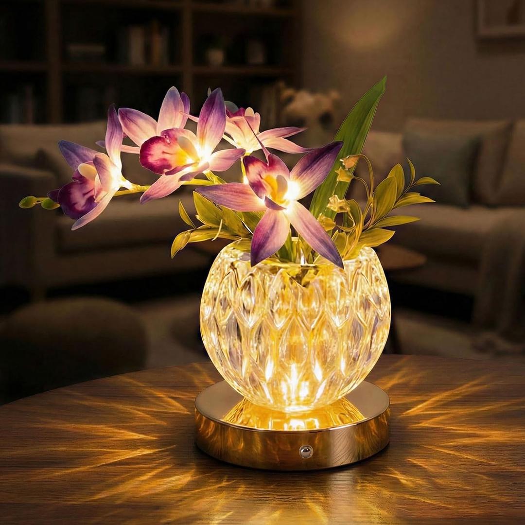 Flower Table Lamp, Orchid Flower with Crystal Vase Lamp, Cordless Touch Desk Light, 3 Colors Dimming & Rechargeable, Small Night Light for Bedroom Home, Romantic Gifts for Girl Women (Purple)