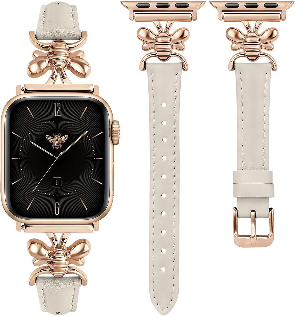 Wearlizer Slim Leather Band Compatible with Apple Watch Bands for Women 40/38/41/44/42/45/46/49mm, Top Genuine Leather Strap with Metal Classy Design for iWatch Series 11 10 9 8 Ultra 7 6 5 4 3 2 1 SE (Starlight/Rose Gold)