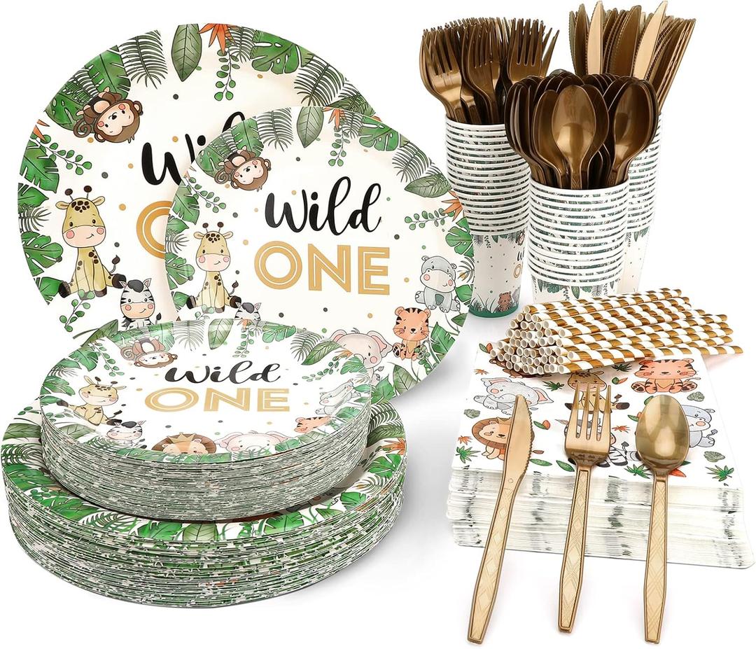 240 pcs wild one birthday decorations for 1st Birthday Decorations,Plates Set for 30 Guests, Jungle Theme Party Supplies Tableware Includes Plates and Cups and Napkins Straws Sets (30 pack)