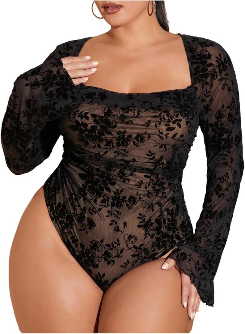 WDIRARA Women's Plus Size Floral Long Bell Sleeve Bodysuit Square Neck Mesh Body Suit (Medium, Black)