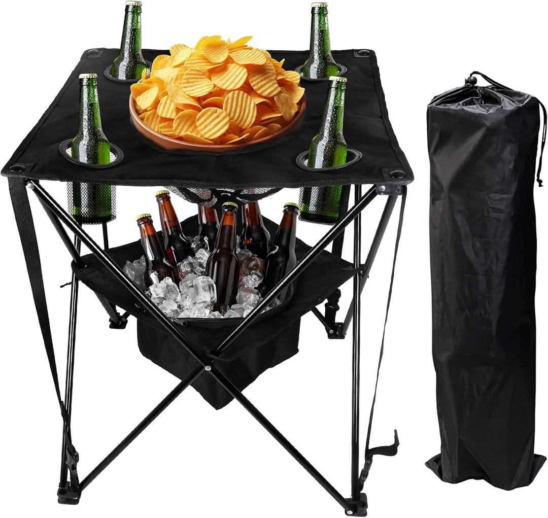 OVENTE Collapsible Folding Camping Table with Insulated Cooler, 4 Cup Holders, Food Basket and Travel Bag, Portable Tailgating Table for Fishing, Outdoor Barbecue or Beach Parties, Black POTC0014B, 22 inches x 22 inches x 25 inches