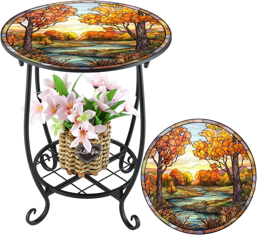 Outdoor Side Table Round Small Mosaic Patio Accent Indoor End Plant Metal Coffee Tea Table for Yard Porch Garden Patio Living Room, Bedroom (Fall Style,14 Inch)