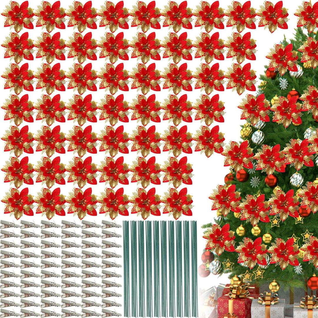 Lyrow 60 Pcs 6 Inch Christmas Glitter Poinsettia Flowers Decorations with Clips and Stems Christmas Tree Ornaments Artificial Poinsettia for Xmas DIY Wreath Crafts Party Decor (Red with Gold)