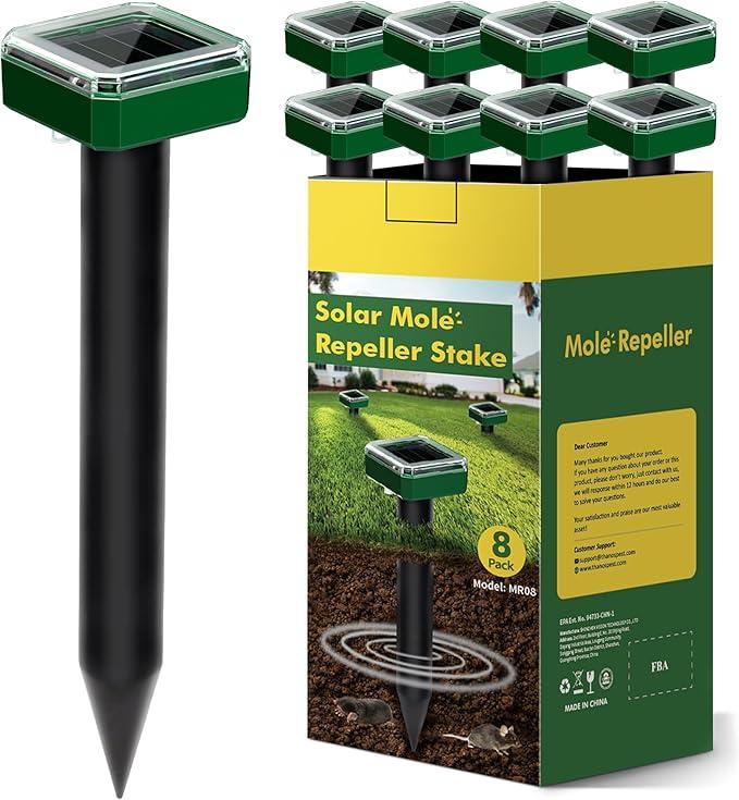 Pack of 4 Green, Solar Powered Mole Repellent for Lawns Gopher Groundhog Repeller Deterrent Stakes for Outdoor Vole Armadillo No Killer No Trap Hurt