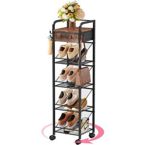 SWTYMIKI Rolling Vertical Shoe Rack - Shoe Tower with Drawer and Hooks, Shoe Storage Organizer for Entryway Closet Bedroom, Space-Saving Wood and Metal Narrow Shoe Shelf, Espresso (9 Tier)
