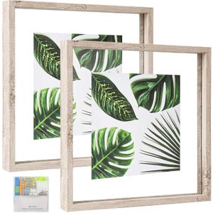 MUYE 12x12 Floating Frame Distressed Beige White Wood Pattern,Double Glass Square Picture Frame Set of 2 Display Any Size Photo up to 12x12,Wall Mount or Tabletop