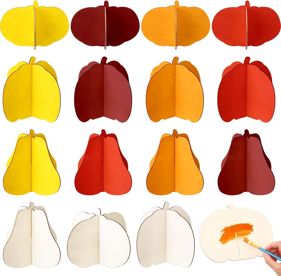 Geelin 24 Pcs 7.87 Inch DIY Fall 3D Pumpkin Wood Crafts to Paint Thanksgiving Large Unfinished Wooden Pumpkin Cutouts Autumn Harvest Slices Ornaments for Painting Decor(Classic Style)