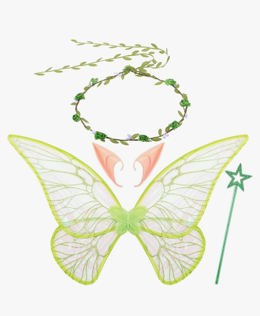 Sratte 4 Pcs Fairy Butterfly Wings for Girls Kids Princess Floral Crown Star Wand Ears Halloween Dress up Costume Accessories