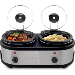 OVENTE Double Slow Cooker, Buffet Server and Warmer with Two 1.5Qt Removable Ceramic Pot, Adjustable Temperature Control and Tempered Glass Lid for Parties, Gatherings and Holidays, Silver SLO215BR