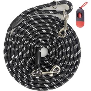 Long Rope Dog Leash for Dog Training 12FT 20FT 30FT 50FT, Reflective Threads Dog Cat Leashes Tie-Out Check Cord Recall Training Agility Lead for Large Medium Small Dogs (Black, 10mm*30ft)