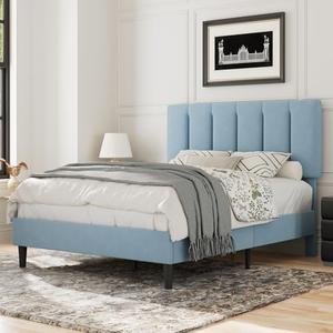 VECELO Queen Bed Frame with Upholstered Headboard, Heavy-Duty Platform Bedframe with Strong Wooden Slats Support, No Boxing Spring Needed, Light Blue