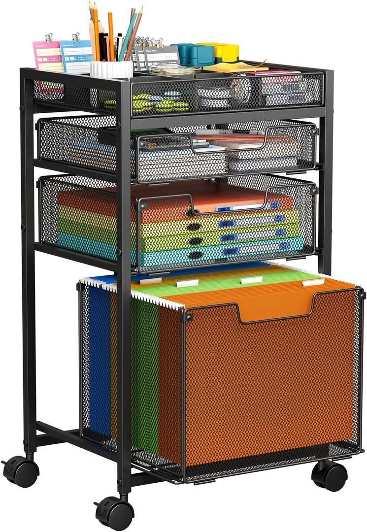 Rolling File Cart with 3 Storage Drawers, Under Desk Filing Cabinet with DIY Divider, Hanging File Folder Organizer on Wheels, Fits A4/Letter Size, Metal Utility Cart for Home Office, Black