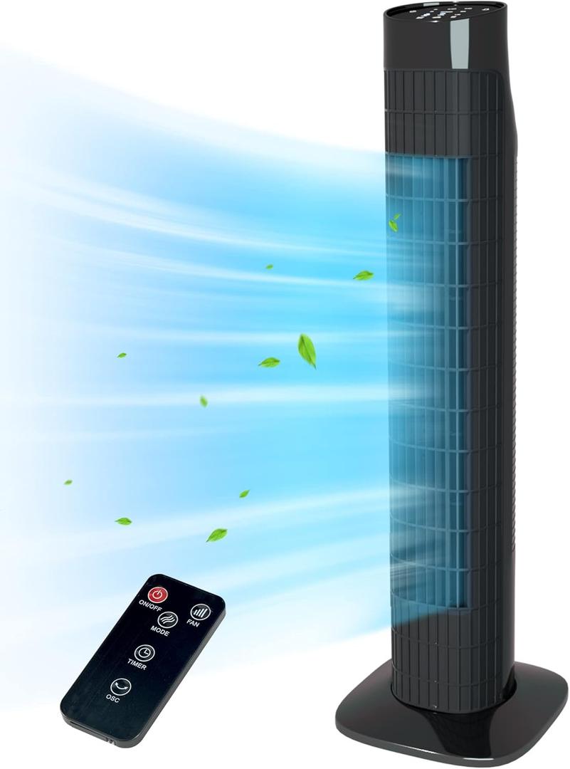 Tower Fan for Bedroom, 80 Oscillating With Remote, 7.5H Timer, 3 Speeds, Standing Bladeless Cooling Fan for Room Office 32 Inch (Black)