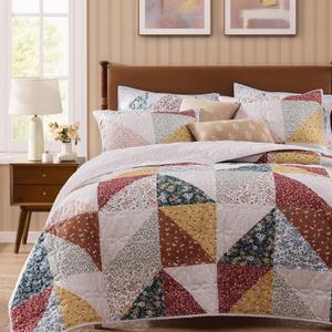 BLOOMHAVEN Quilt Set King Size, Patchwork Burnt Orange Floral Quilt Sets, Reversible Bedspread Lightweight and Breathable for All Seasons, Soft Quilted Bedspread with 2 Pillow Shams