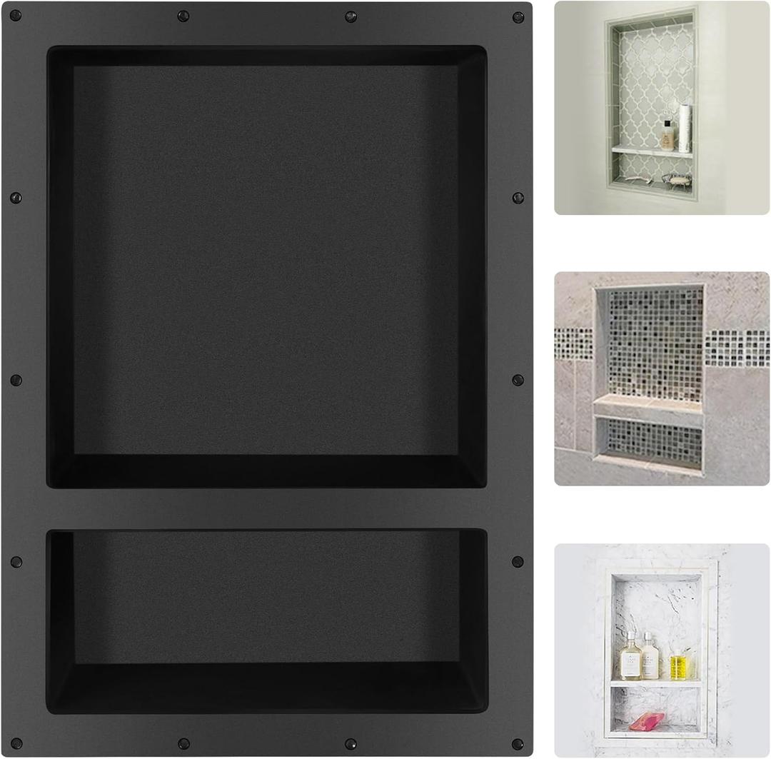 Suteck Shower Niche, 25" x 17" 3.8" Outer Size, Actual Size 14" + 16.5"(Big Grid) 14"+ 6" (Small Grid) Tile Ready Recessed Shower Shelf Bathroom Niche Box for Organization