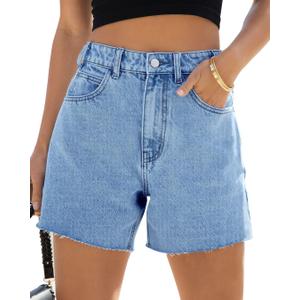 Goranbon Womens High Waisted Jean Shorts Straight Leg Raw Hem Retro Denim Shorts Summer Hot Pants with Pockets (Blue)