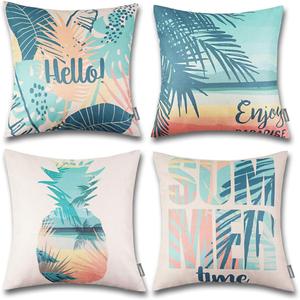 ONWAY Hello Summer Pillow Covers 18x18 Beach Theme Decorative Throw Cushion Cases for Home Patio Party Decor 18x18, Set of 4