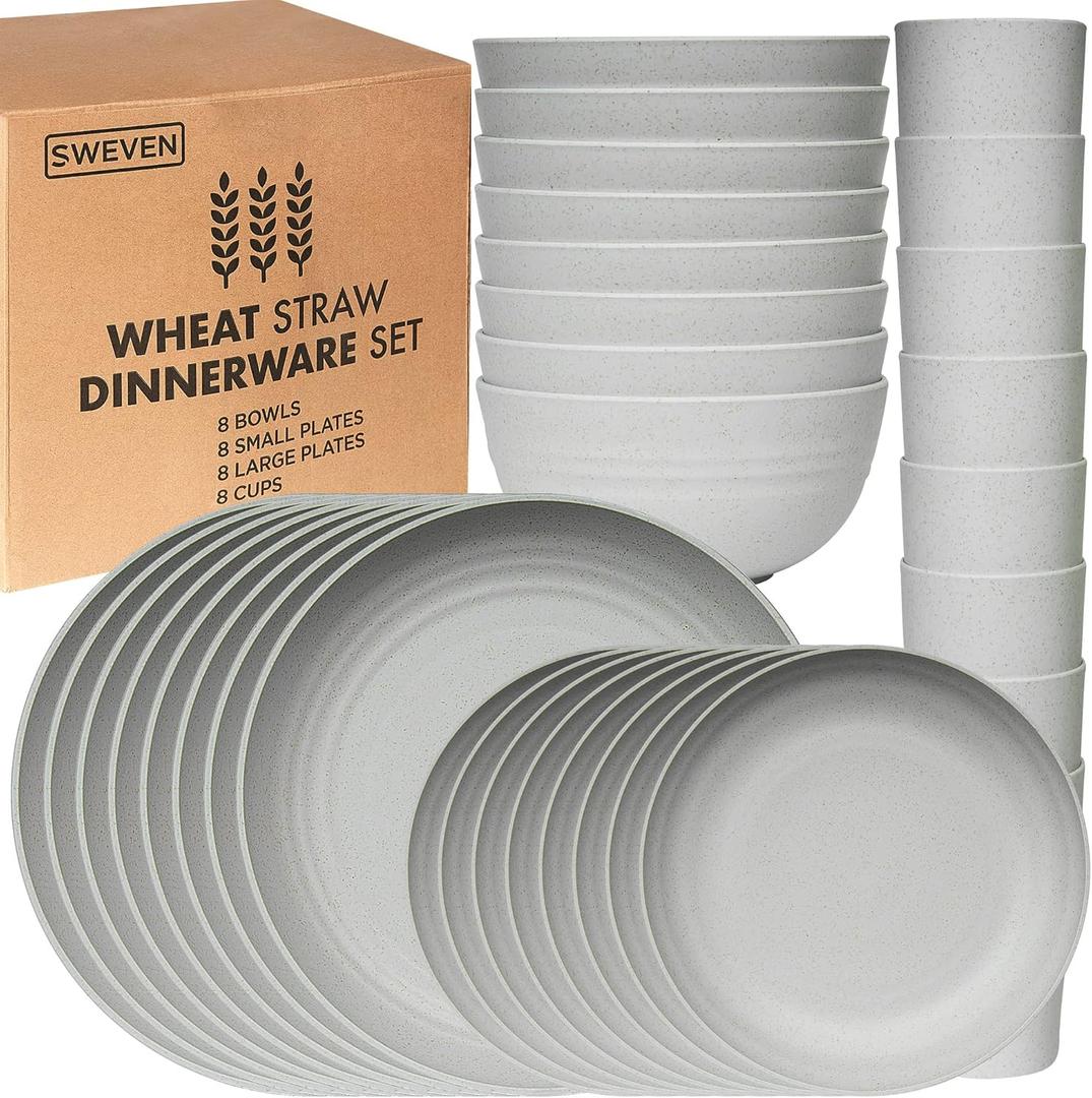 Wheat Straw Dinnerware Sets | Unbreakable Dinnerware Sets | Dishwasher Microwave Safe Dinnerware | Eco Friendly Non Breakable Dinnerware Sets | RV Outdoor Camping (Grey, Service for 8 (32 pcs)) (Gray)