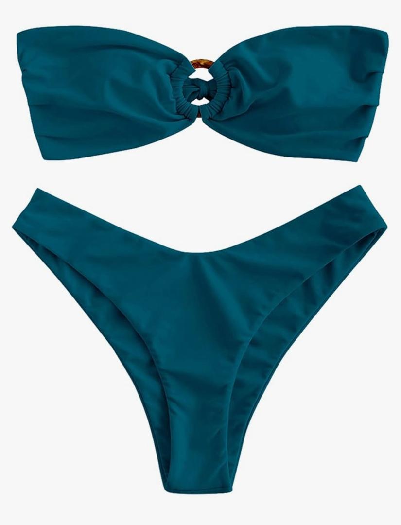 ZAFUL Women's Bandeau Bikini O Ring Strapless Tie Back High Cut Two Piece Swimsuit Bathing Suits M