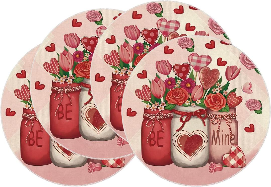 XCHI Roses Flowers Love Hearts Vase Valentines Day Round Placemats Set of 4 Table Mats for Party Home Kitchen Dining Table Decorations 14x14 Inch
