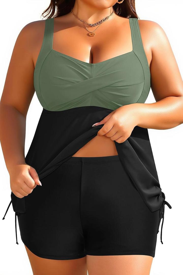 Aqua Eve Women Plus Size Tankini Swimsuit Two Piece Flowy Swimdress Bathing Suits with Shorts (Olive Green, 16W )