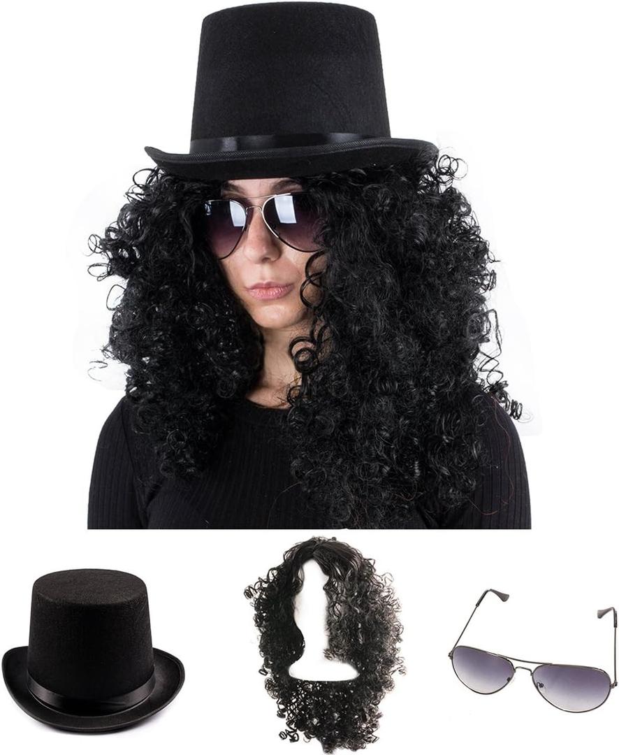 Tigerdoe Rockstar Costume - 3 Pc Set - 80s Costumes - Heavy Metal Wig - Rocker Accessories (Black Wig, Top Hat, Aviators)