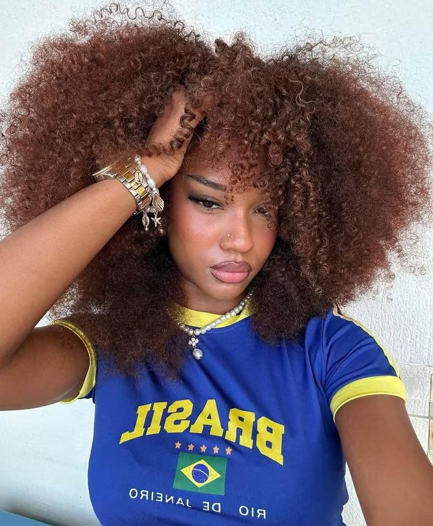 Curly Wig Afro Curly Wigs for Black Women Afro Kinky Curly Wig With Bangs Full and Fluffy Glueless Wig Synthetic Hair Replacement Wigs for Cosplay and Daily (Brown, 16inch)