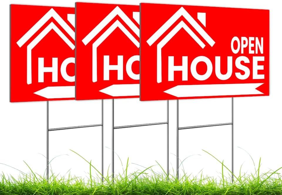 Set of 3 Double Sided 12x16 Open House Red Sign for Real Estate Agent Supplies with H Wire Stakes - Realtor Supplies for Sent Houses or Sale Yard Plastic Signs - Open House Directional Signs Kit