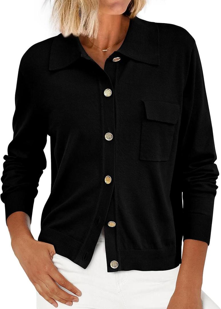 PRETTYGARDEN Women's 2026 Spring Long Sleeve Knitted Button Down Shirts Lightweight Cardigan for Women Dressy Casual Tops (Large, Black)