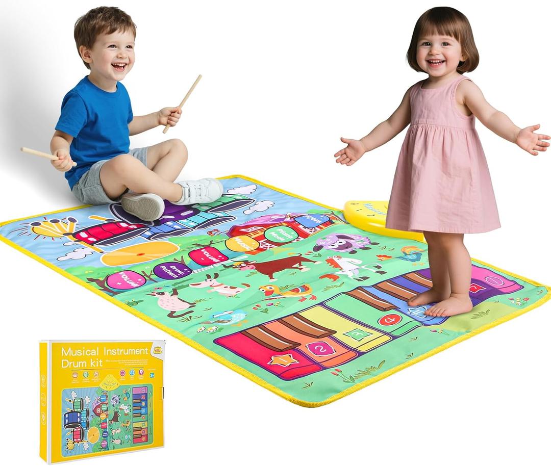 Musical Farm Animals Sounds Piano Mat for Kids, Sensory Educational Learning Toy with Drumset for Toddlers, Interactive Floor Touch Play Mat Dancing Keyboard Carpet for 1-5 Year Old Boy Girl Gifts