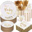 Yungyan 400 Pcs Baby Shower Dinnerware for 50 Guest Baby Shower Paper Plate Napkin Set Gender Reveal Plate Napkins Cup Footprint Disposable Knives Fork Spoon Gender Reveal(Gold,Delicate)