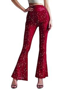 Anlaey Women's Rave Mesh Sheer Sparkly Pants Sequin Flared Bell Bottom Pants Sexy Rave Outfits for Festival Dance Clubwear, M