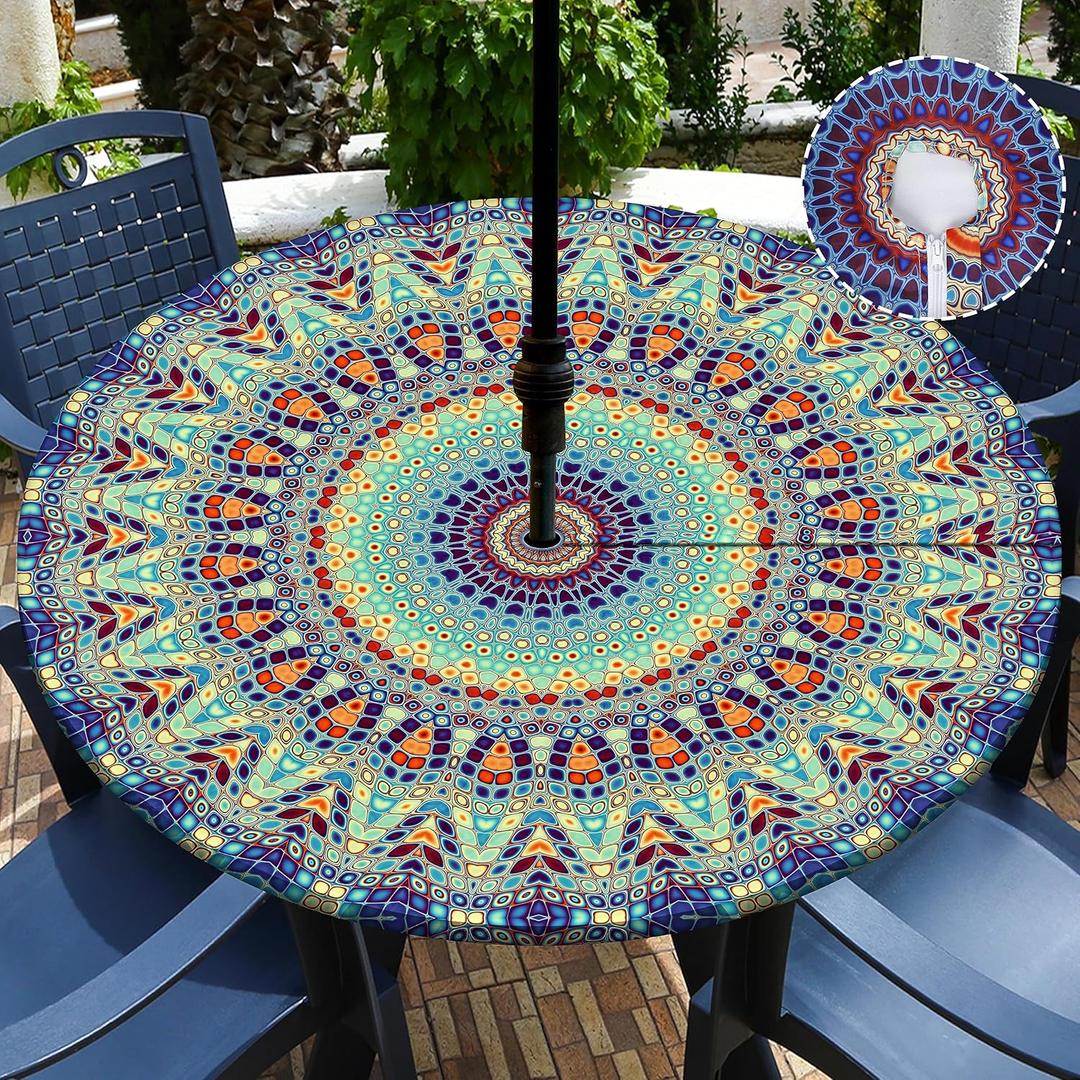 Buwuta Outdoor Tablecloth with Umbrella Hole Waterproof Round Fitted Tablecloth with Elastic Zippered Wipeable Table Cloth Cover for Picnic,Patio,Garden (Teal, 40" (Round))