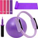 Pilates Ring Fitness Circles Set, High Resistance Yoga Ring Pilates Equipment Set for Women Includes Pilates Ring, 9 Inch Small Exercise Ball, 5 Resistance Bands at Home Pilates Workout Set (purple)